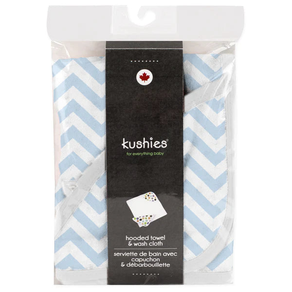 Kushies | Hooded Towel & Washcloth Set - Blue Chevron